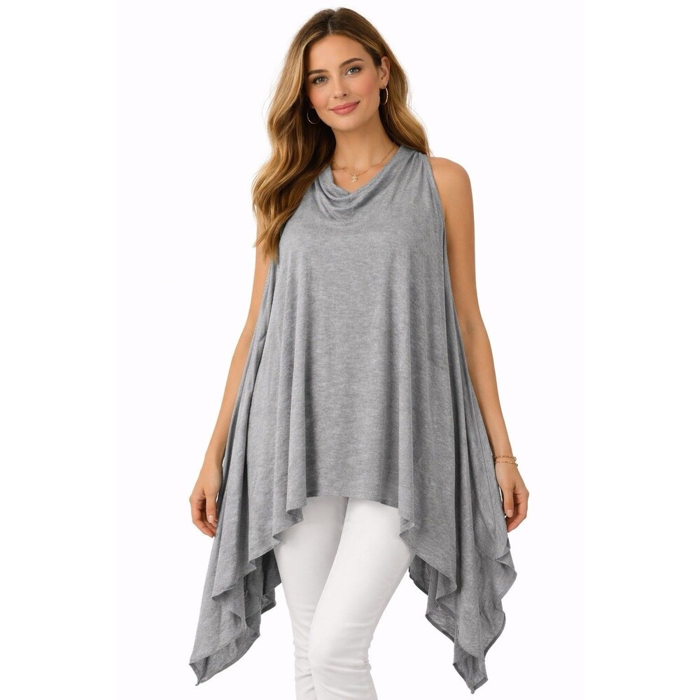 Oversized Gray Poncho Tunic Draped Asymmetrical Hem Sleeveless Boho Top